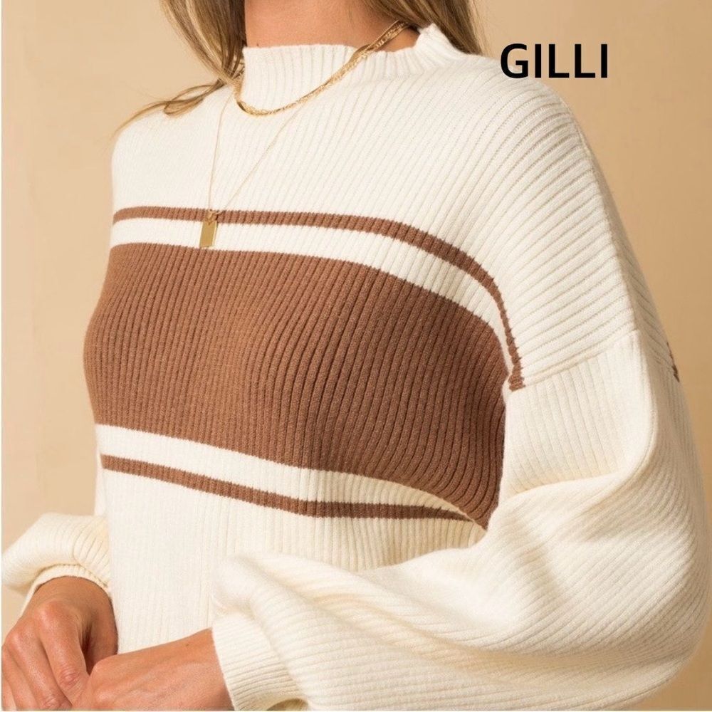 New Gilli Ivory Brown Stripe Mock Sweater